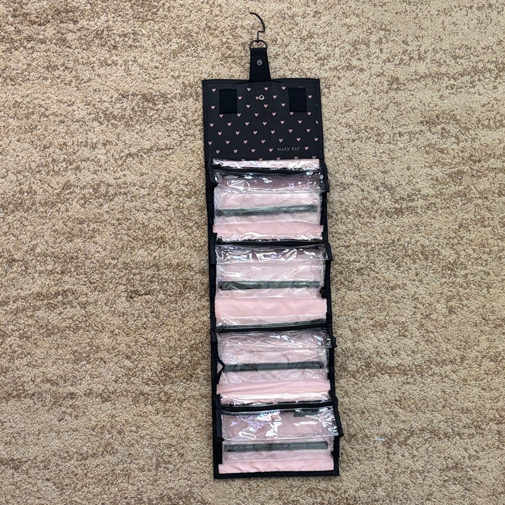 NEW - Mary Kay Pink and Black Hanging Cosmetic Organizer with Clear Zip Pockets